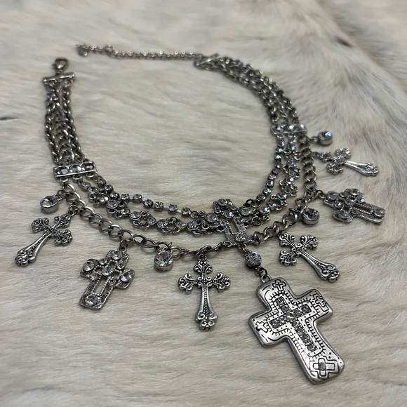 Western Rodeo Silver Cross Choker Necklace - Picture 3 of 8